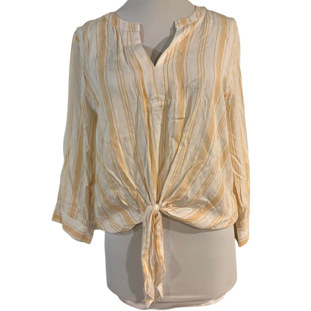 Blue rain yellow and white striped tie front blouse